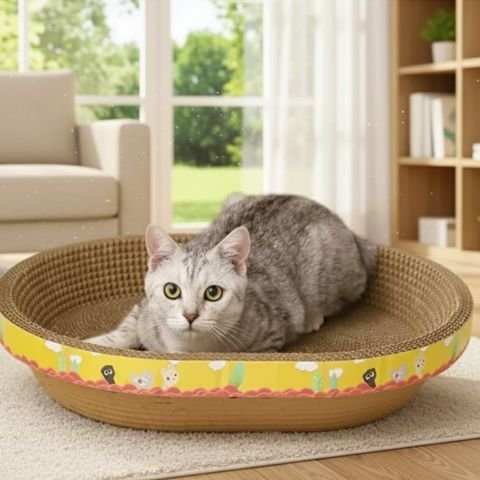 Chat au repos sur un griffoir en carton