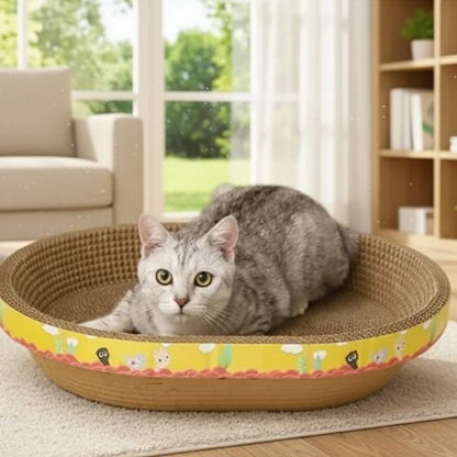 Chat au repos sur un griffoir en carton