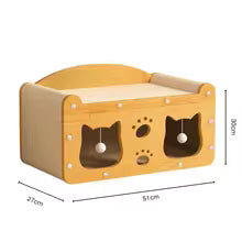 Griffoir chat en bois et carton avec cachette