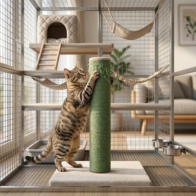 Le chat s’étire et griffe sur le griffoir chat 