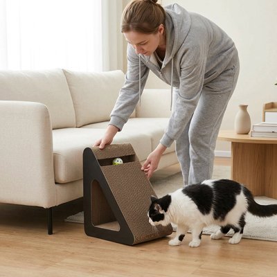 Chat blan et noire joue avec griffoir pour chat