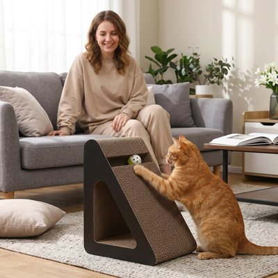 Chat roux  joue avec griffoir pour chat triangulaire