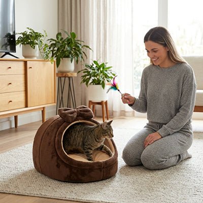 un chat heureux dans sa niche pour chat 