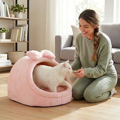 un chat heureus dans sa niche pour chat rose